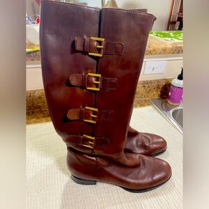 Ecco Chestnut Heeled Boots with Brass Buckles